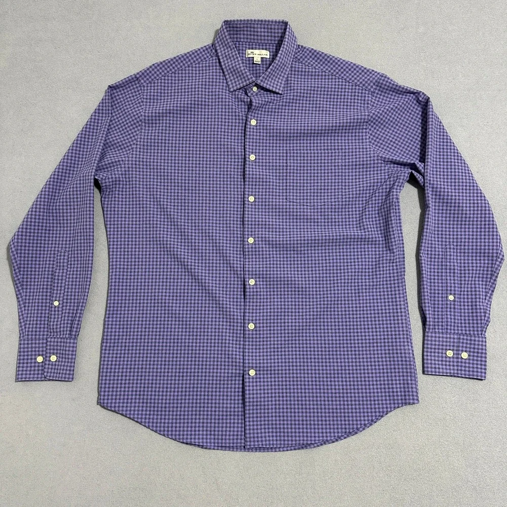 Peter Millar‎ Gingham Check Button Down Shirt Long Sleeve Purple Mens Size Large
